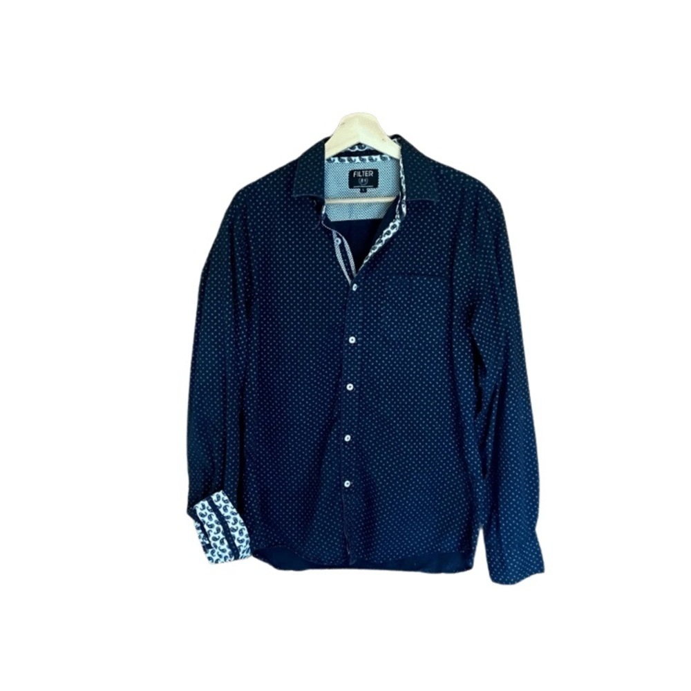 BLUE and white paisley cuff casual button down L